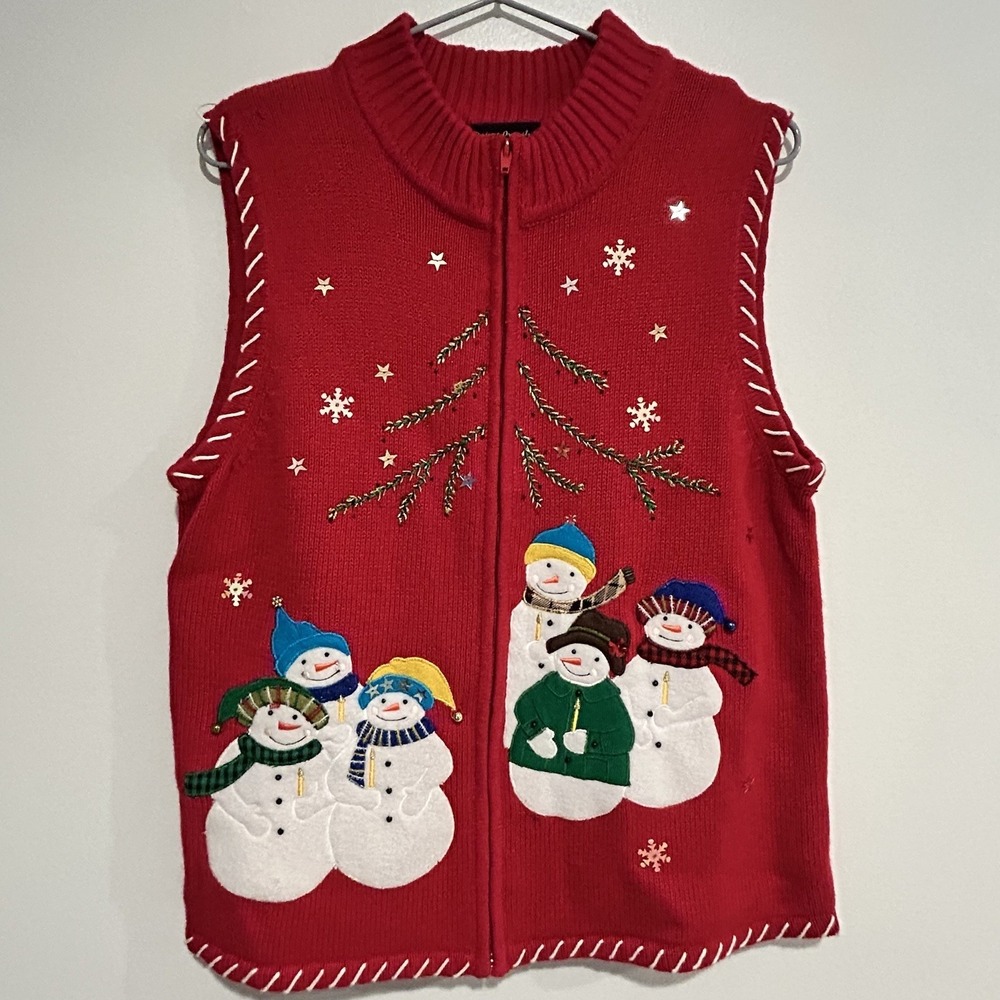 Designers‎ Originals Studio Sweater Vest Womens MED Red Knit Christmas Snowmen